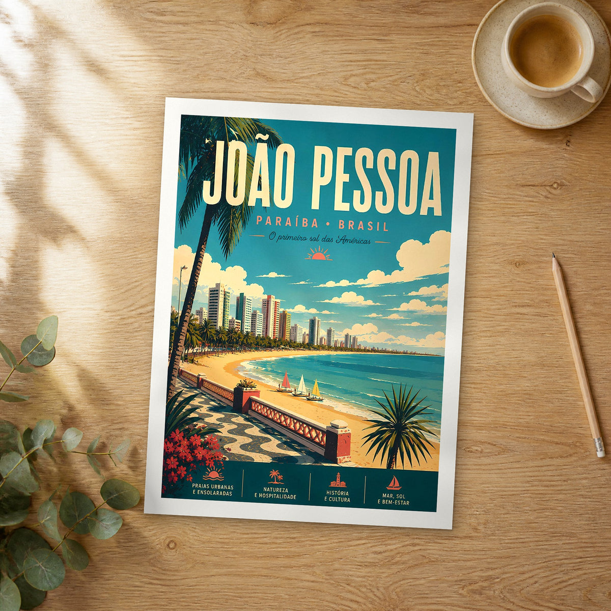 Unframed João Pessoa retro travel poster on a wooden table
