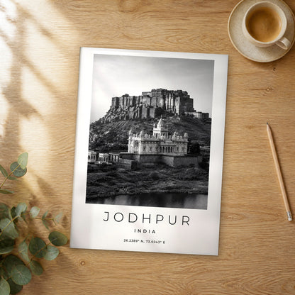 Unframed Jodhpur black and white travel poster on a wooden table