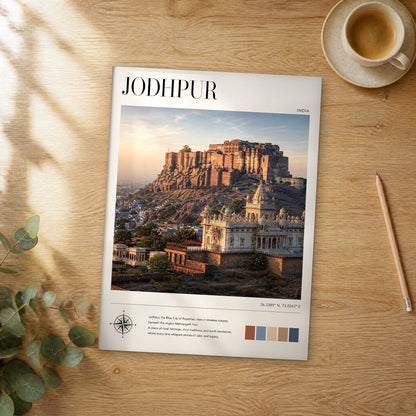 Unframed Jodhpur modern photography travel poster on a wooden table