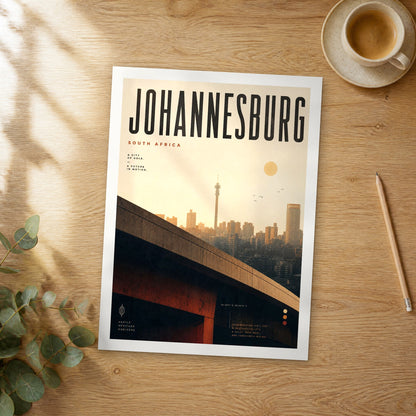 Unframed Johannesburg bold typography travel poster on a wooden table