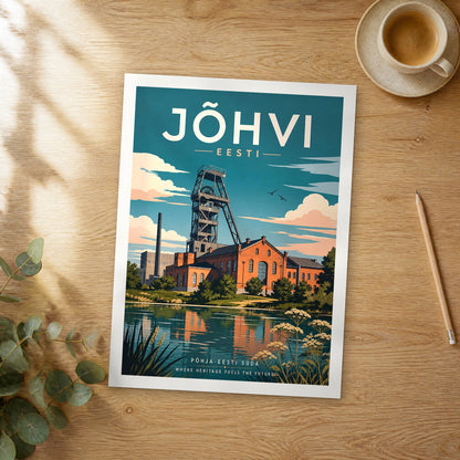 Unframed Jõhvi retro travel poster on a wooden table