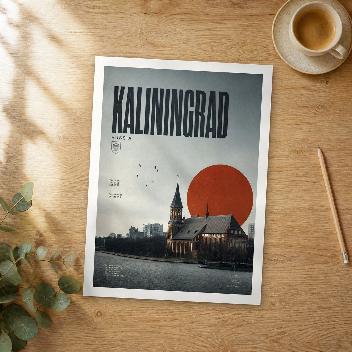Unframed Kaliningrad bold typography travel poster on a wooden table