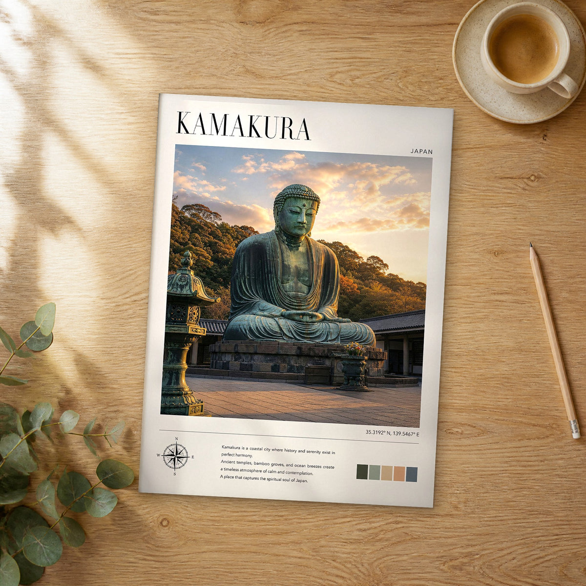 Unframed Kamakura modern photography travel poster on a wooden table