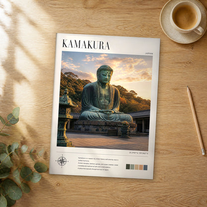 Unframed Kamakura modern photography travel poster on a wooden table