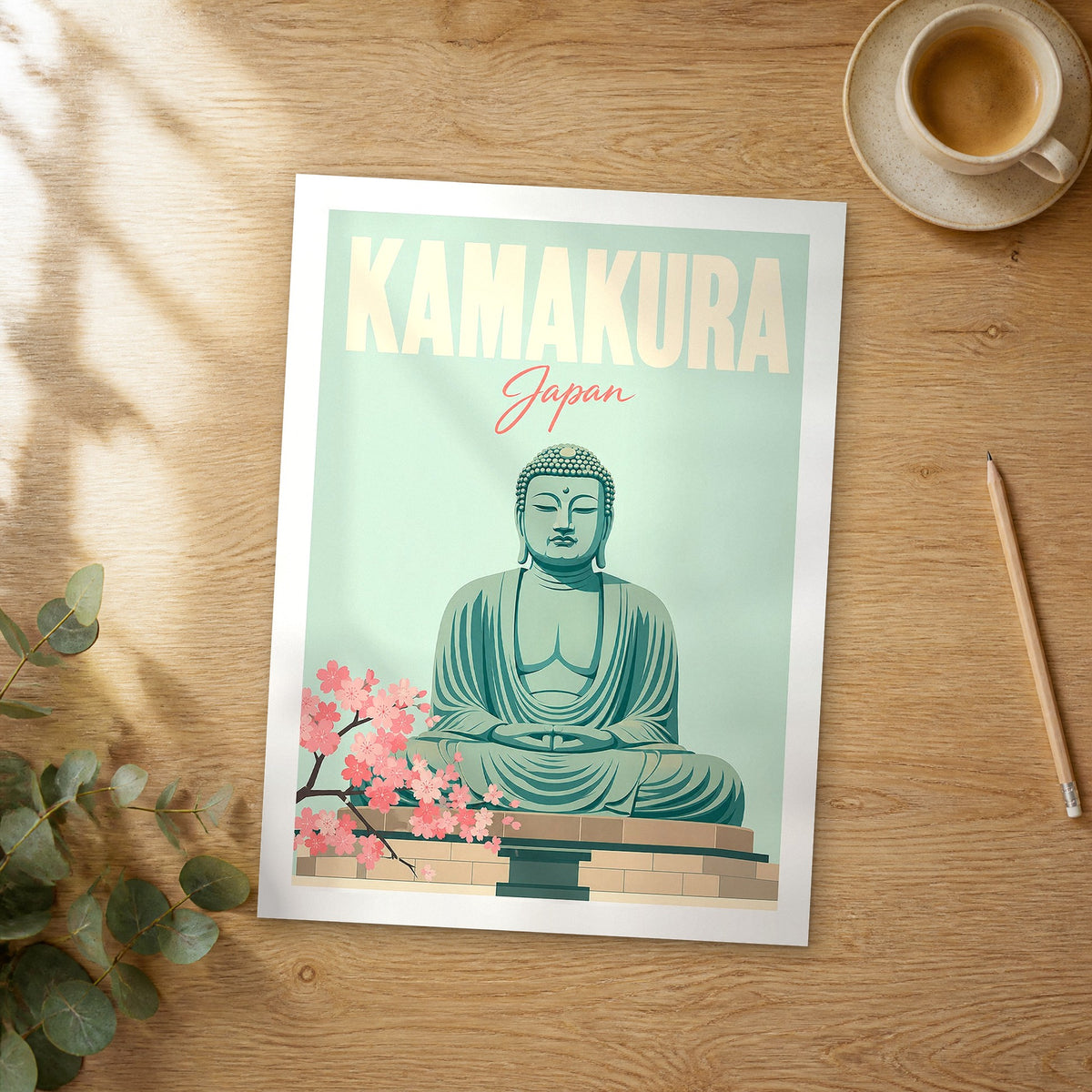 Unframed Kamakura pastel pop art travel poster on a wooden table