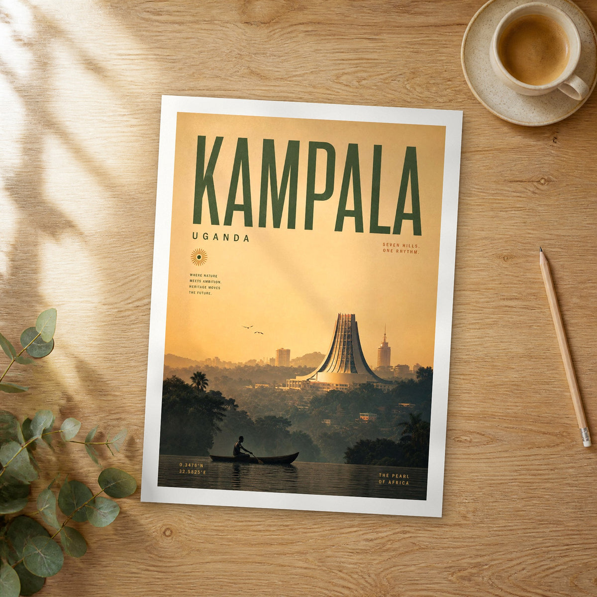 Unframed Kampala bold typography travel poster on a wooden table