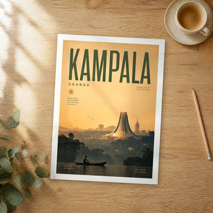 Unframed Kampala bold typography travel poster on a wooden table