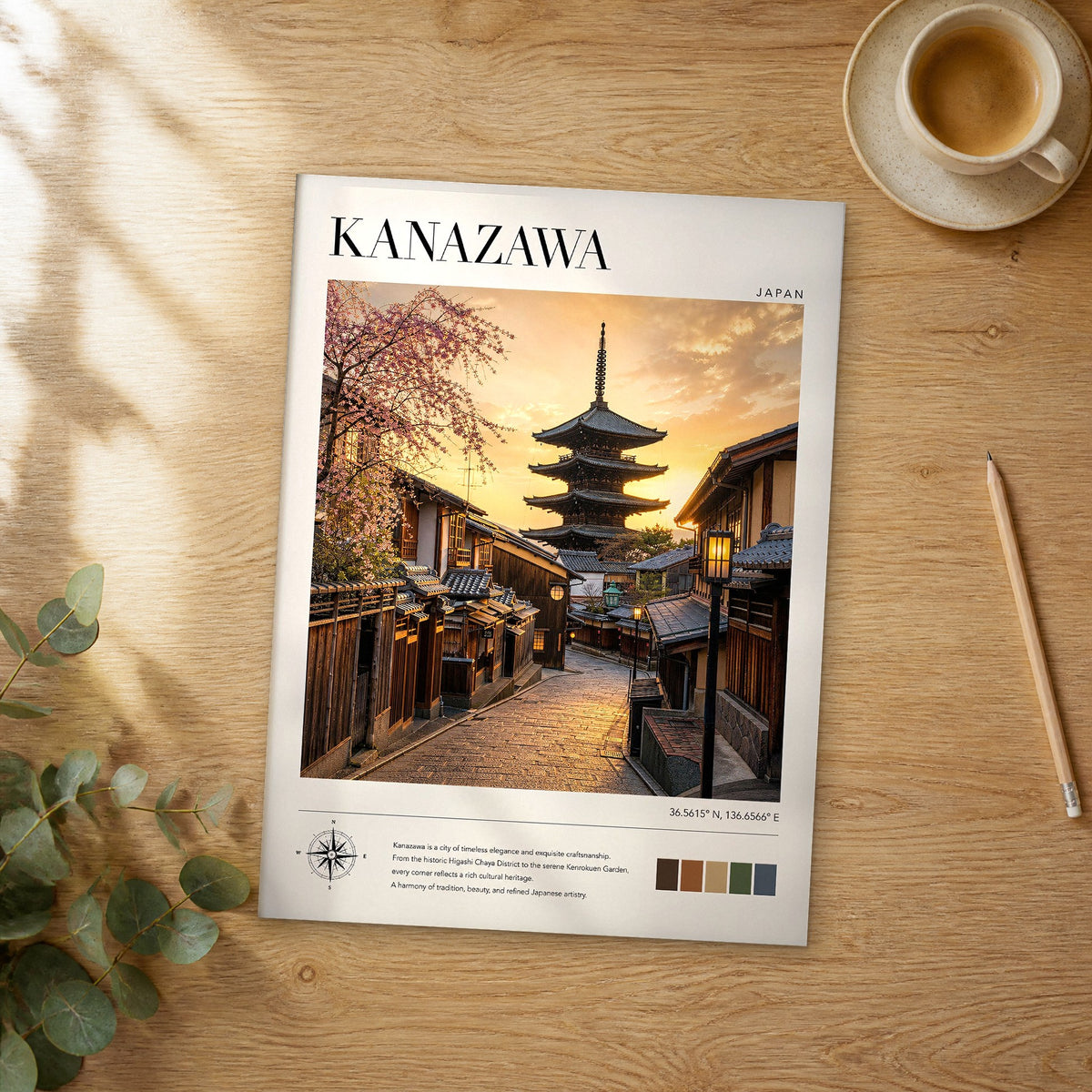 Unframed Kanazawa modern photography travel poster on a wooden table