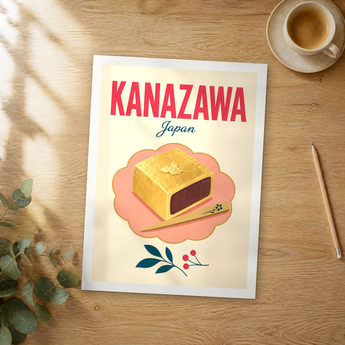 Unframed Kanazawa pop art travel poster on a wooden table