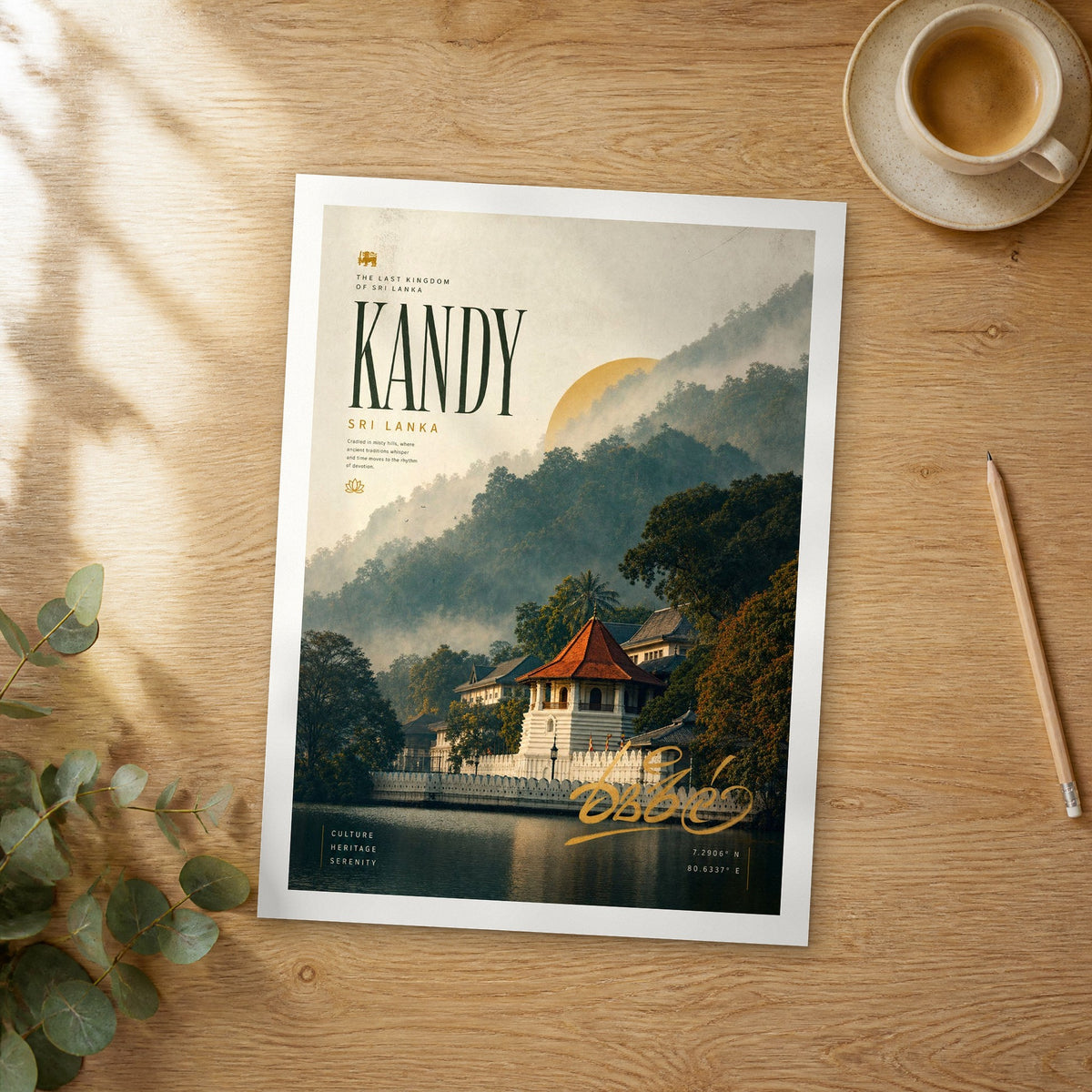 Unframed Kandy bold typography travel poster on a wooden table