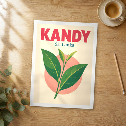 Unframed Kandy pop art travel poster on a wooden table