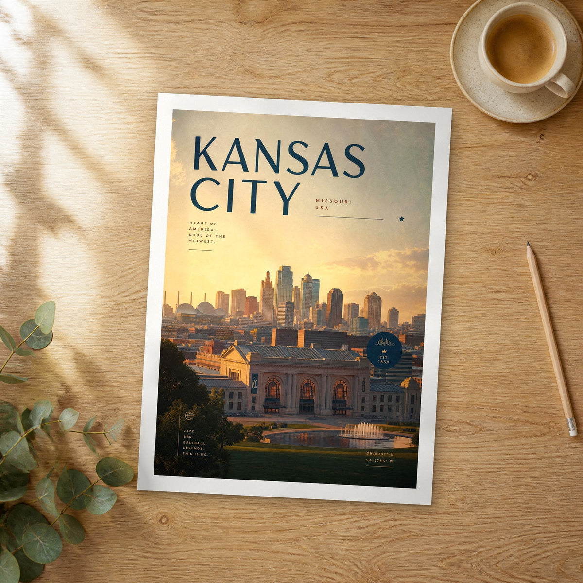 Unframed Kansas City bold typography travel poster on a wooden table