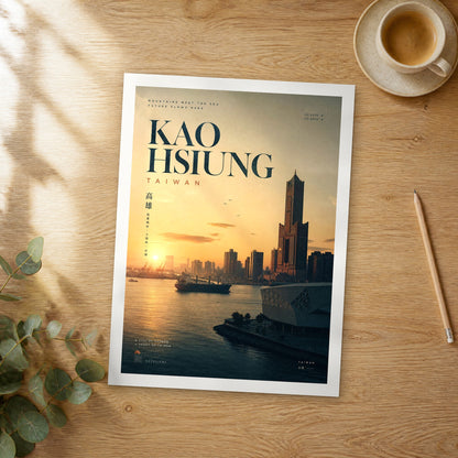 Unframed Kaohsiung bold typography travel poster on a wooden table