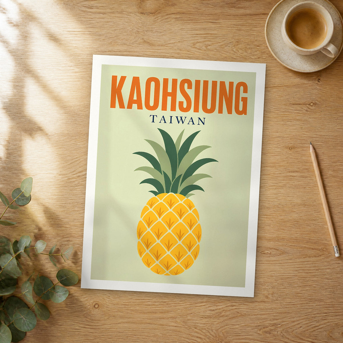 Unframed Kaohsiung pop art travel poster on a wooden table