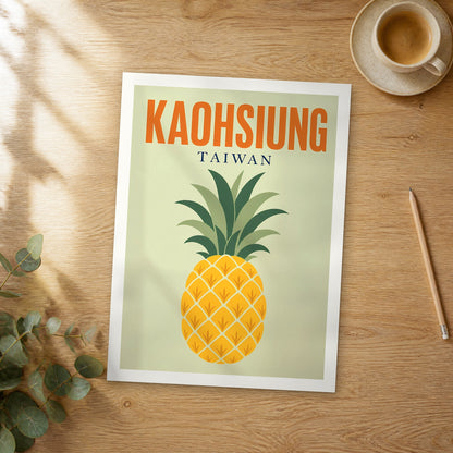 Unframed Kaohsiung pop art travel poster on a wooden table