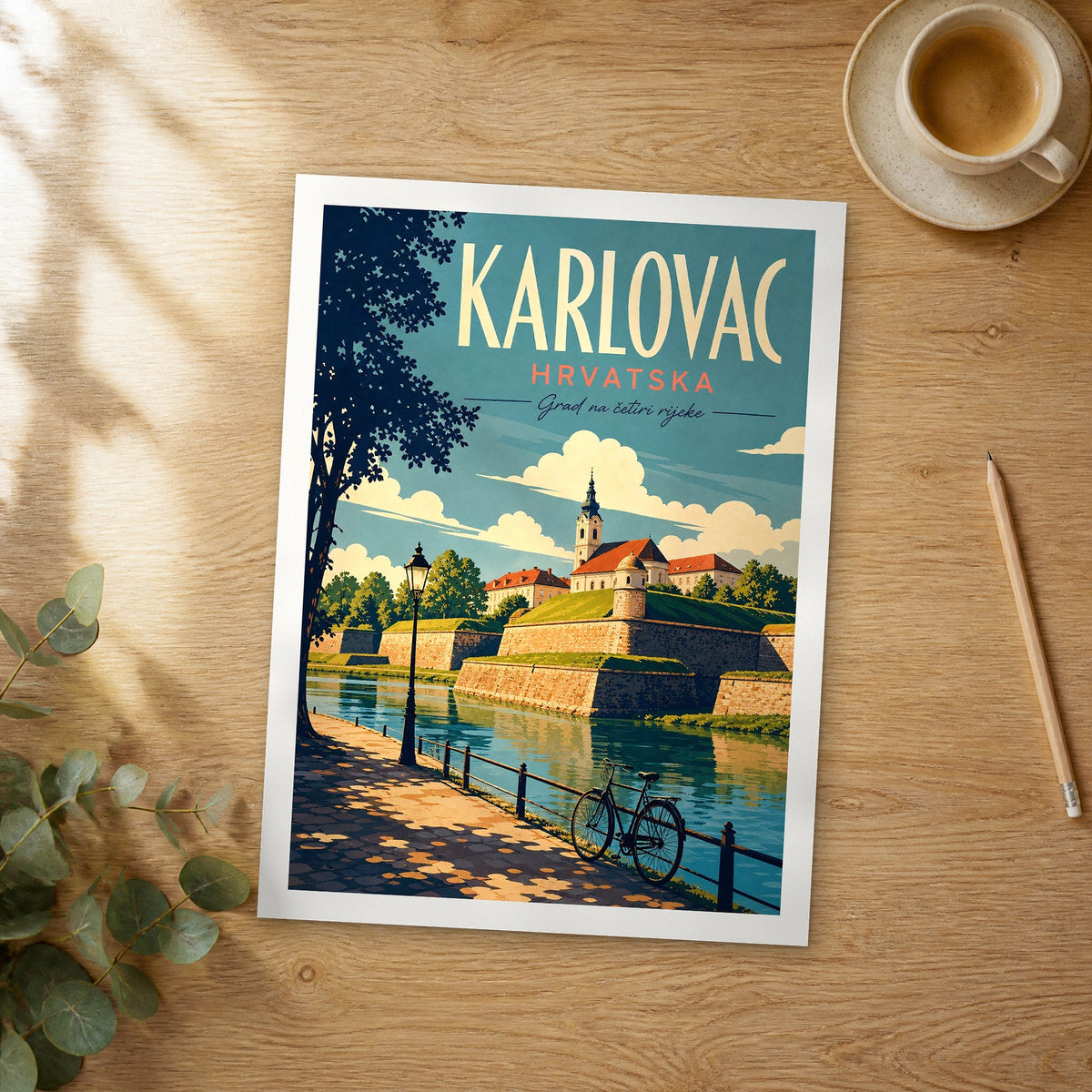 Unframed Karlovac retro travel poster on a wooden table