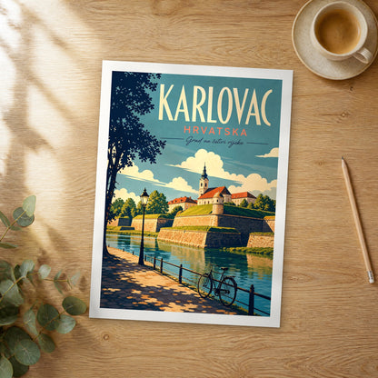 Unframed Karlovac retro travel poster on a wooden table