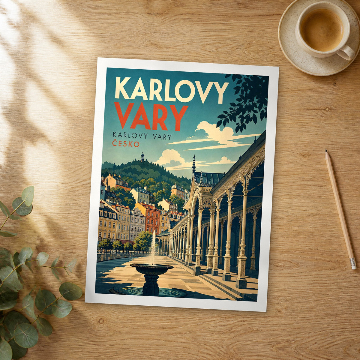 Unframed Karlovy Vary retro travel poster on a wooden table