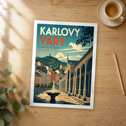 Unframed Karlovy Vary retro travel poster on a wooden table
