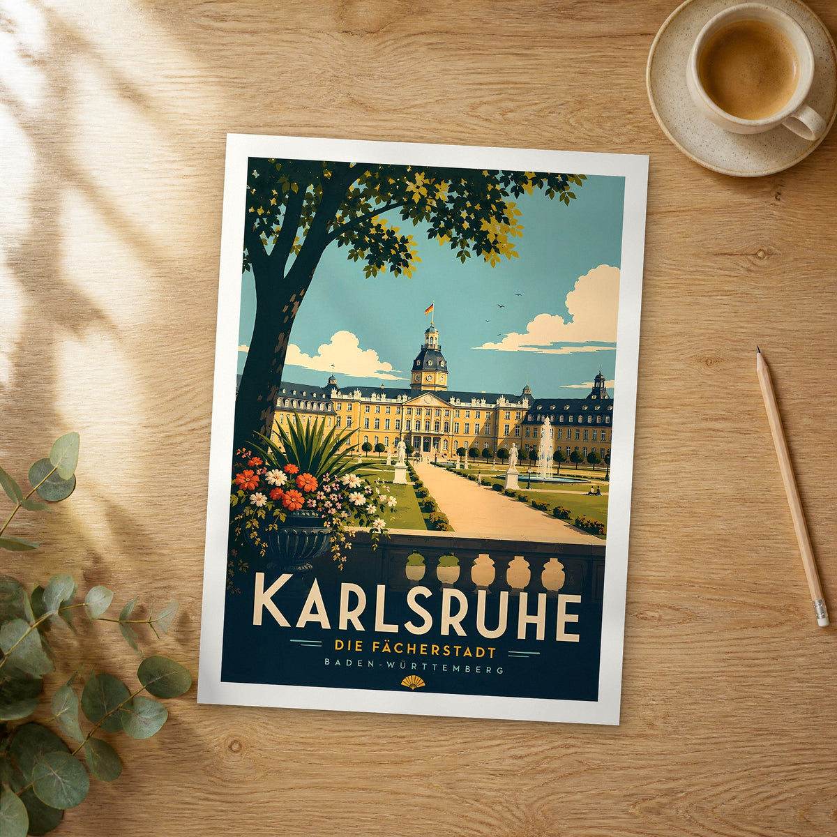 Unframed Karlsruhe retro travel poster on a wooden table