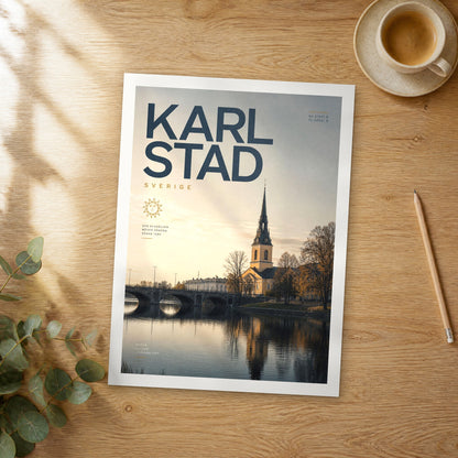 Unframed Karlstad bold typography travel poster on a wooden table
