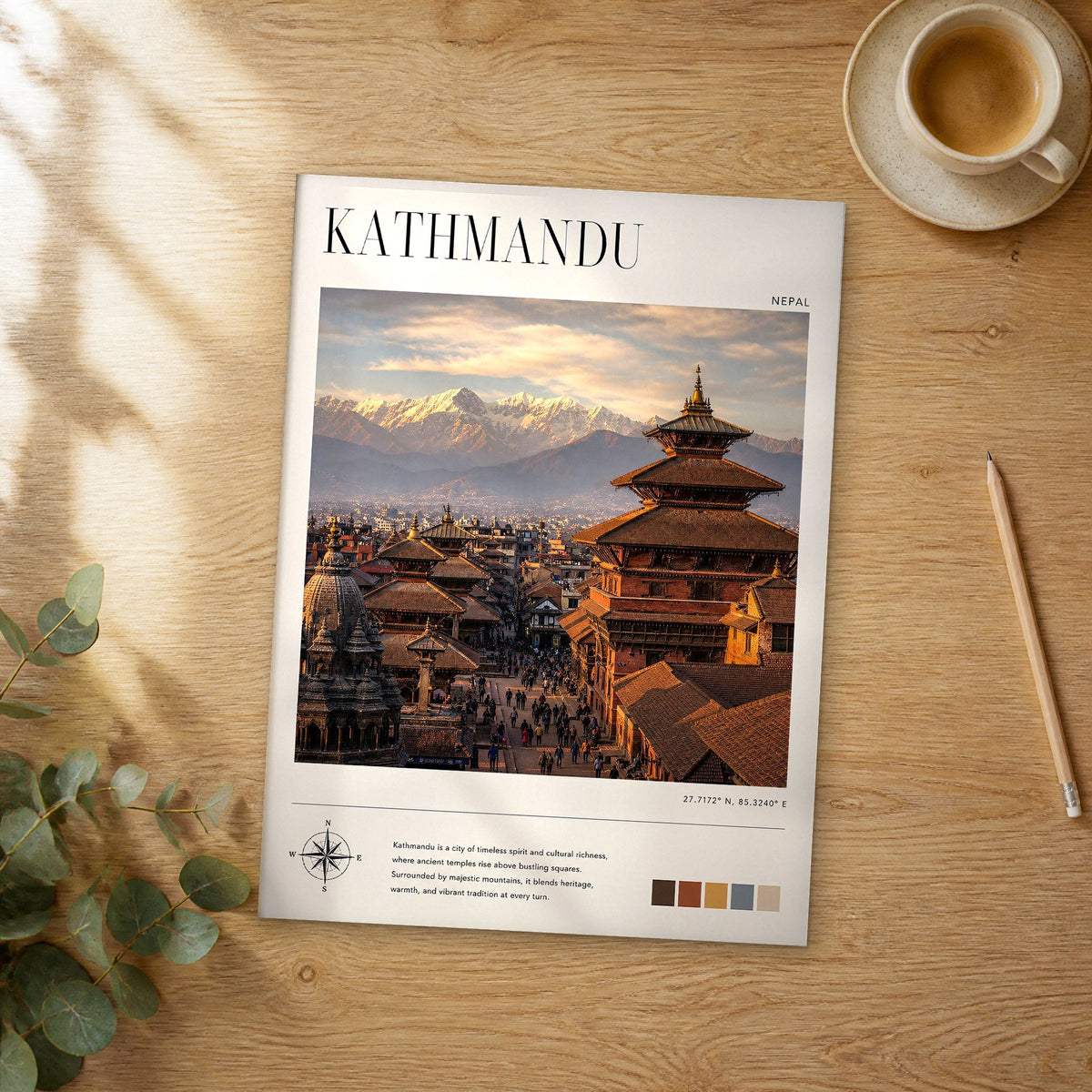 Unframed Kathmandu modern photography travel poster on a wooden table