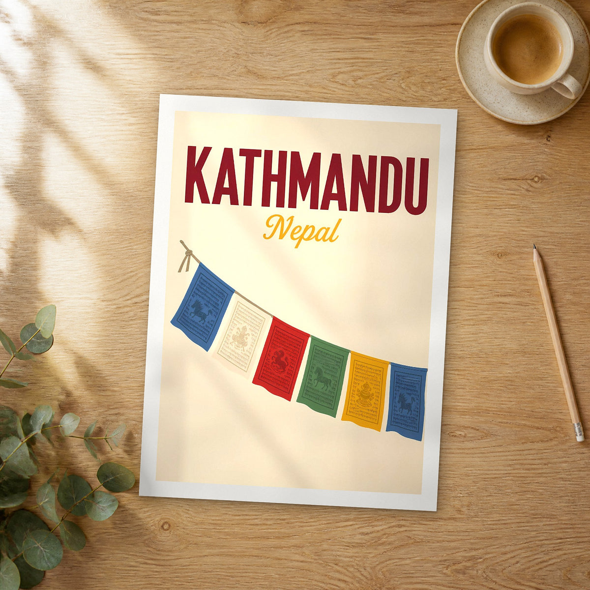Unframed Kathmandu pop art travel poster on a wooden table