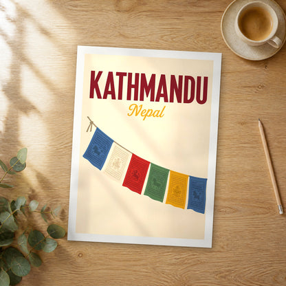 Unframed Kathmandu pop art travel poster on a wooden table