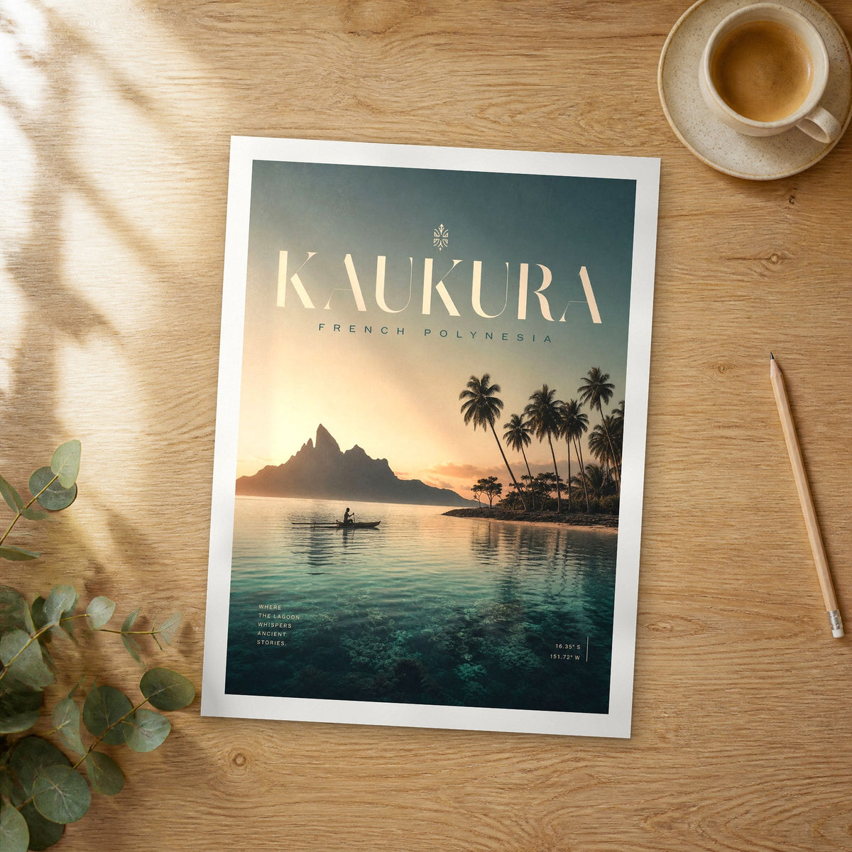 Unframed Kaukura bold typography travel poster on a wooden table