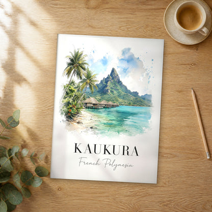Unframed Kaukura watercolor travel poster on a wooden table