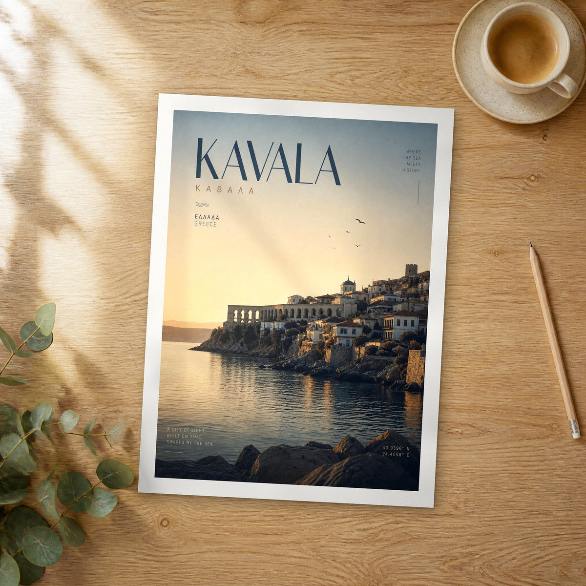 Unframed Kavala bold typography travel poster on a wooden table
