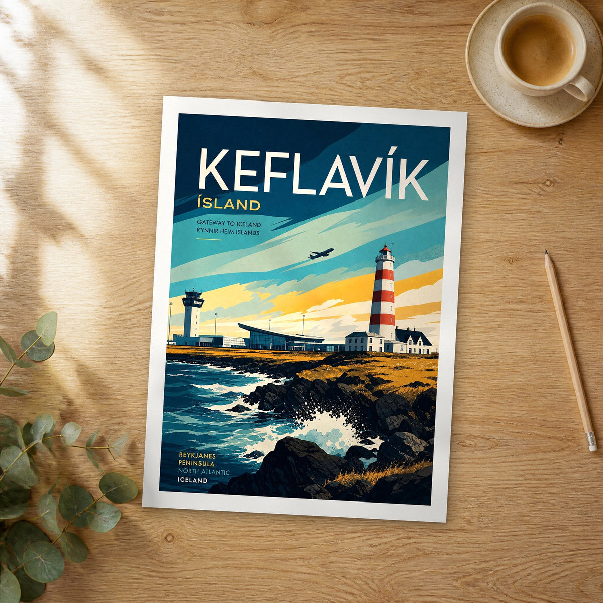Unframed Keflavík retro travel poster on a wooden table