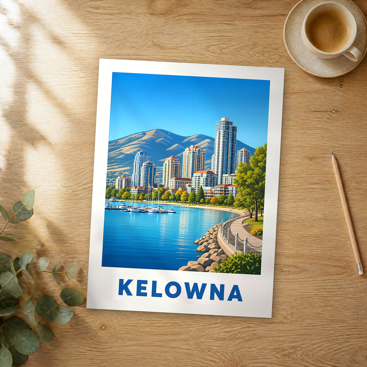 Unframed Kelowna modern digital travel poster on a wooden table