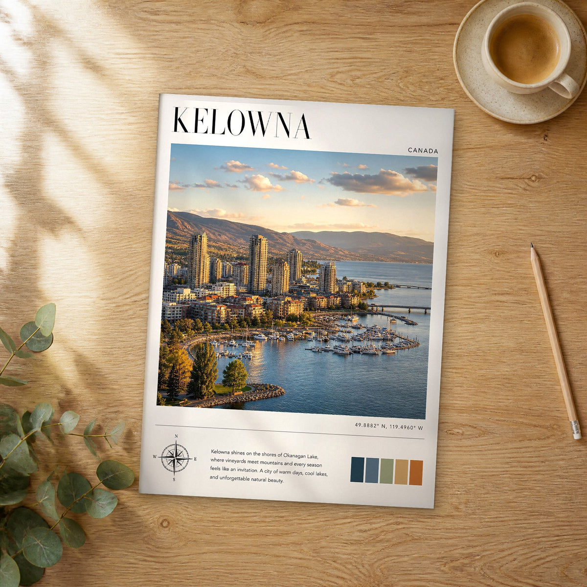 Unframed Kelowna modern photography travel poster on a wooden table