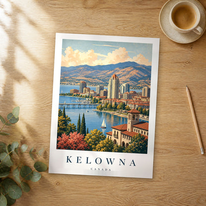 Unframed Kelowna vintage travel poster on a wooden table