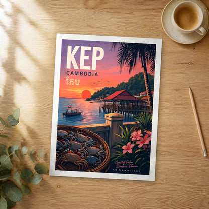 Unframed Kep retro travel poster on a wooden table