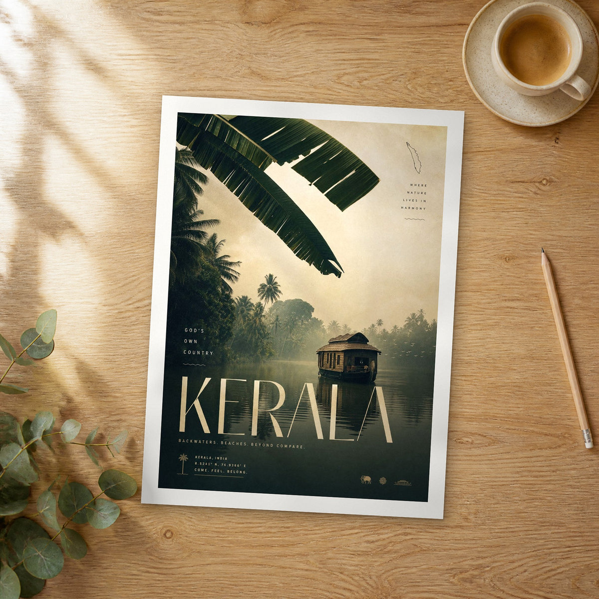 Unframed Kerala bold typography travel poster on a wooden table