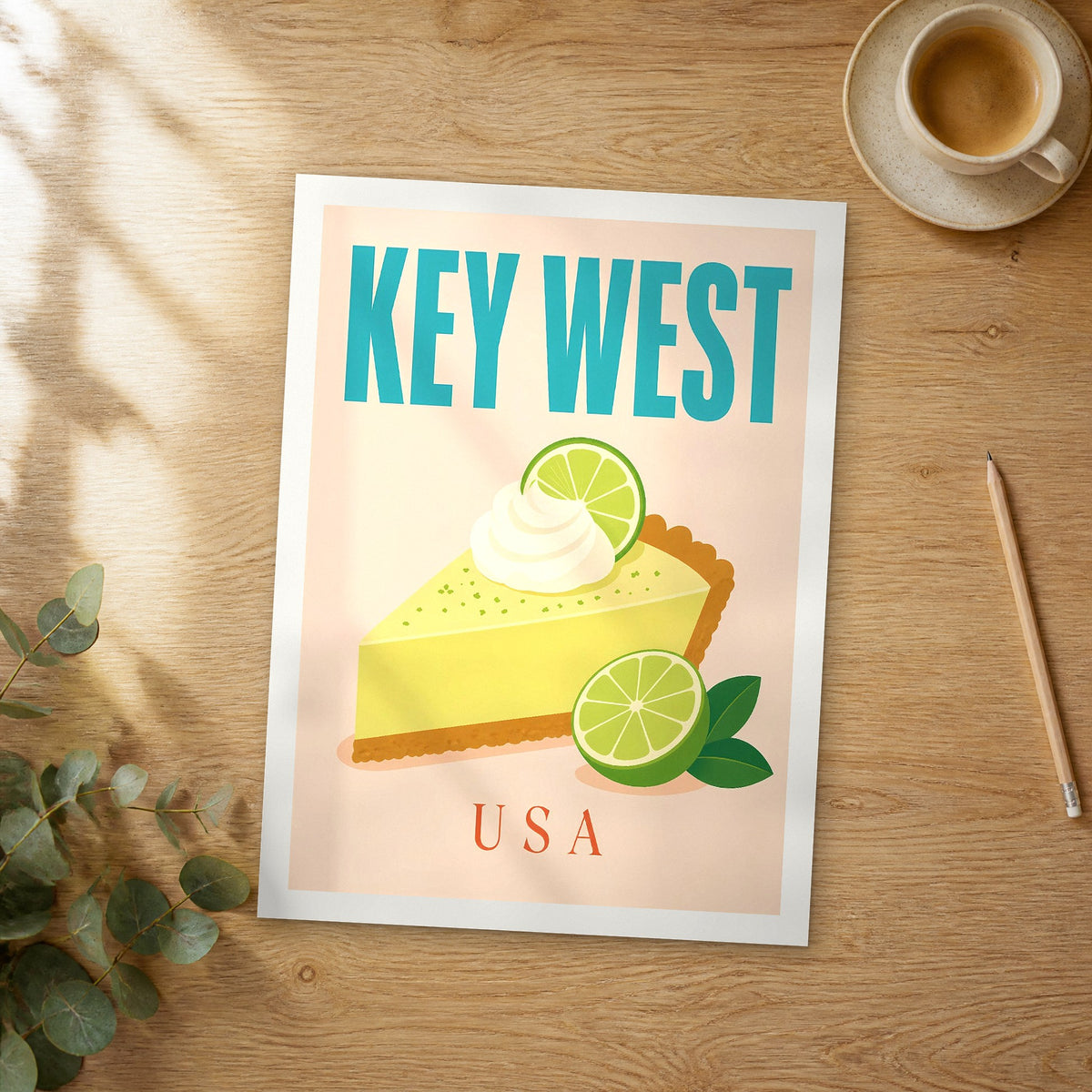 Unframed Key West pop art travel poster on a wooden table