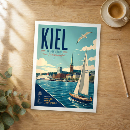 Unframed Kiel retro travel poster on a wooden table