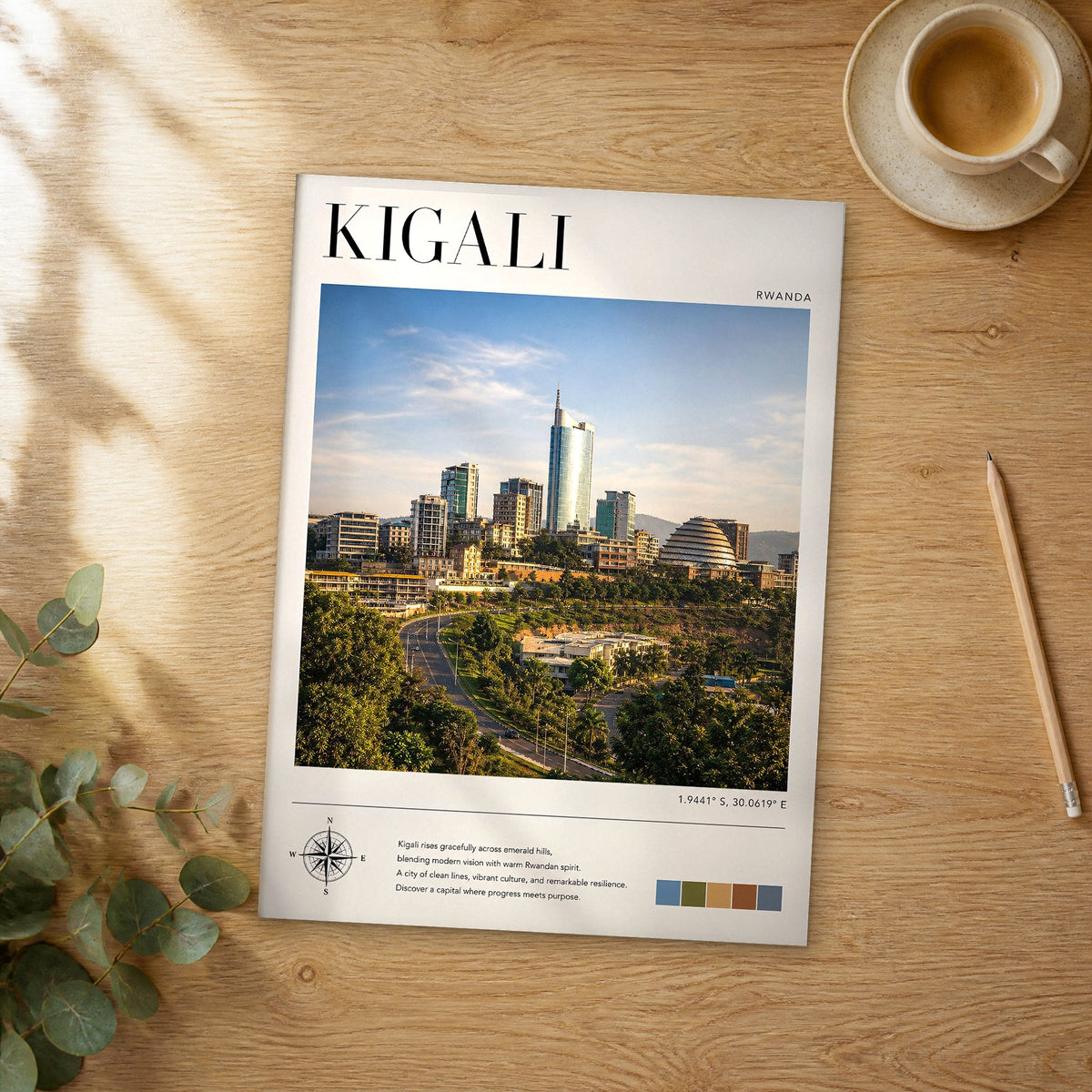 Unframed Kigali modern photography travel poster on a wooden table