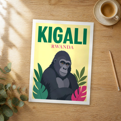 Unframed Kigali pop art travel poster on a wooden table