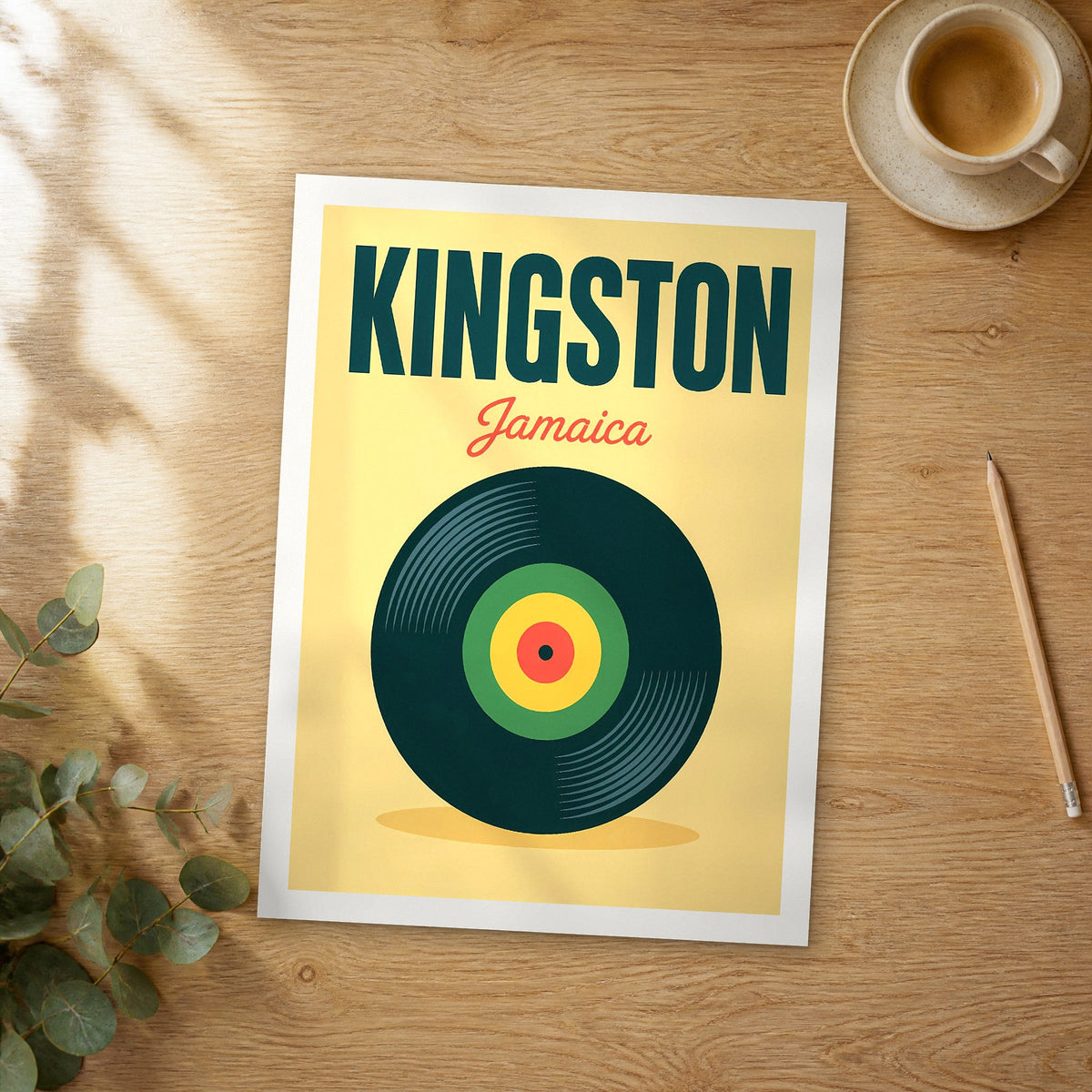 Unframed Kingston pop art travel poster on a wooden table