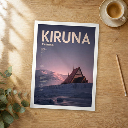 Unframed Kiruna bold typography travel poster on a wooden table