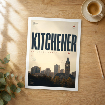 Unframed Kitchener bold typography travel poster on a wooden table