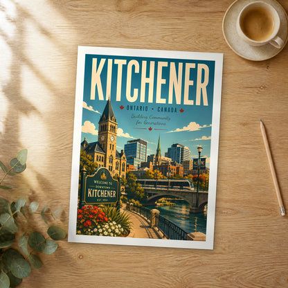 Unframed Kitchener retro travel poster on a wooden table