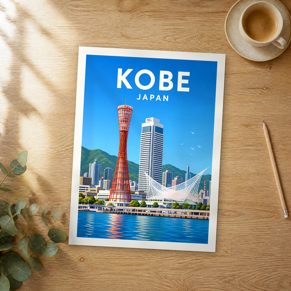 Unframed Kobe vibrant digital travel poster on a wooden table