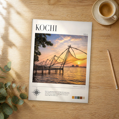 Unframed Kochi modern photography travel poster on a wooden table