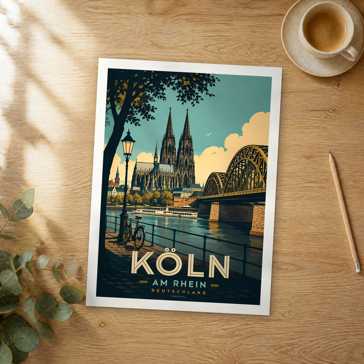 Unframed Köln retro travel poster on a wooden table