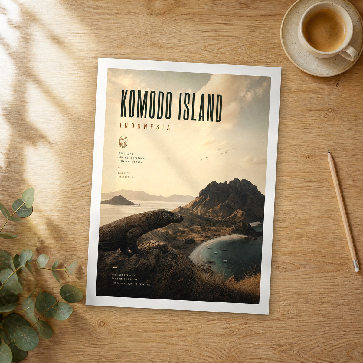 Unframed Komodo Island bold typography travel poster on a wooden table
