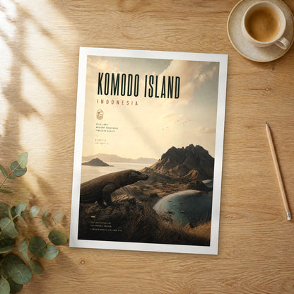 Unframed Komodo Island bold typography travel poster on a wooden table